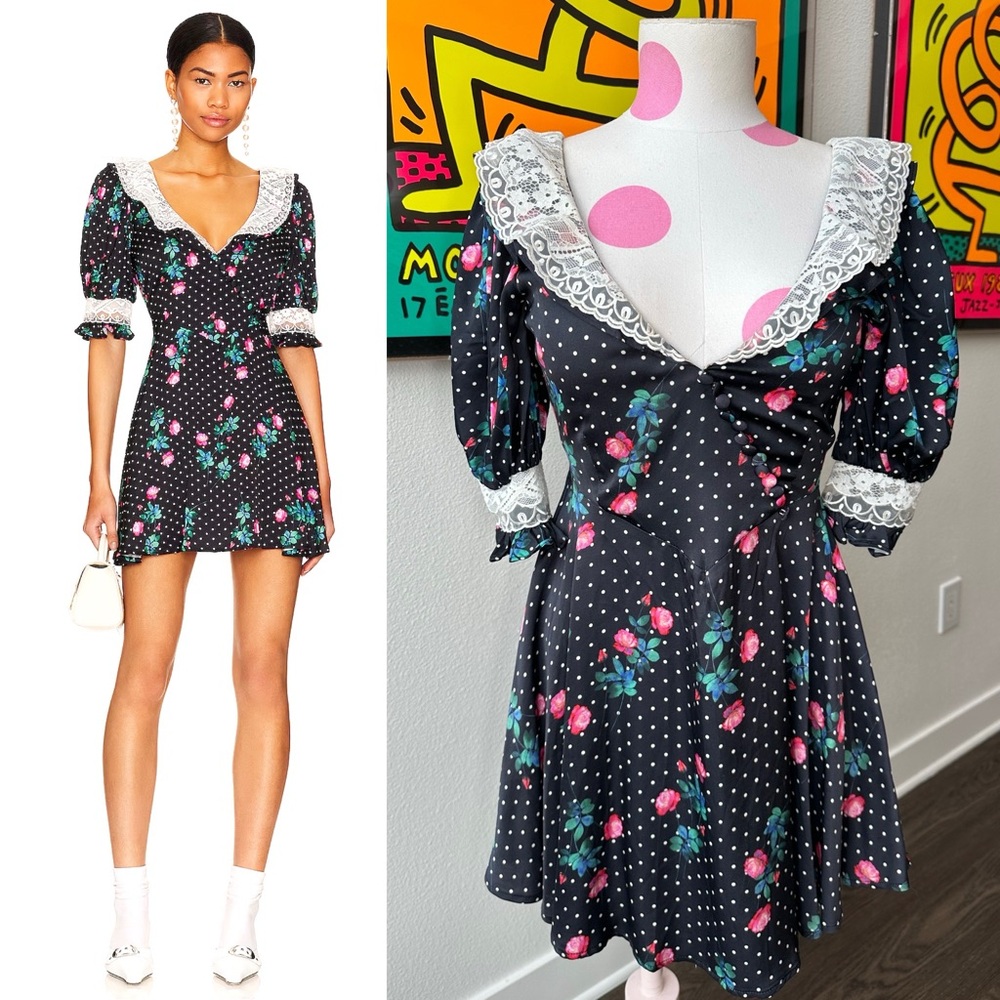 For Love & Lemons Raisa Mini Dress Polka Dot Floral Puff Sleeve XS